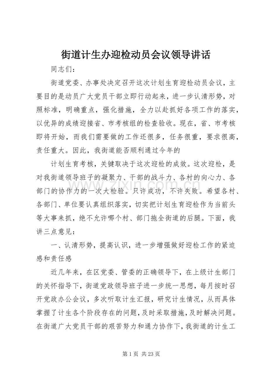 街道计生办迎检动员会议领导讲话.docx_第1页