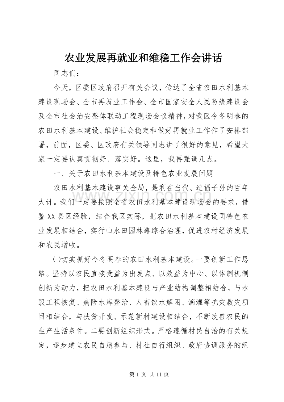 农业发展再就业和维稳工作会讲话.docx_第1页