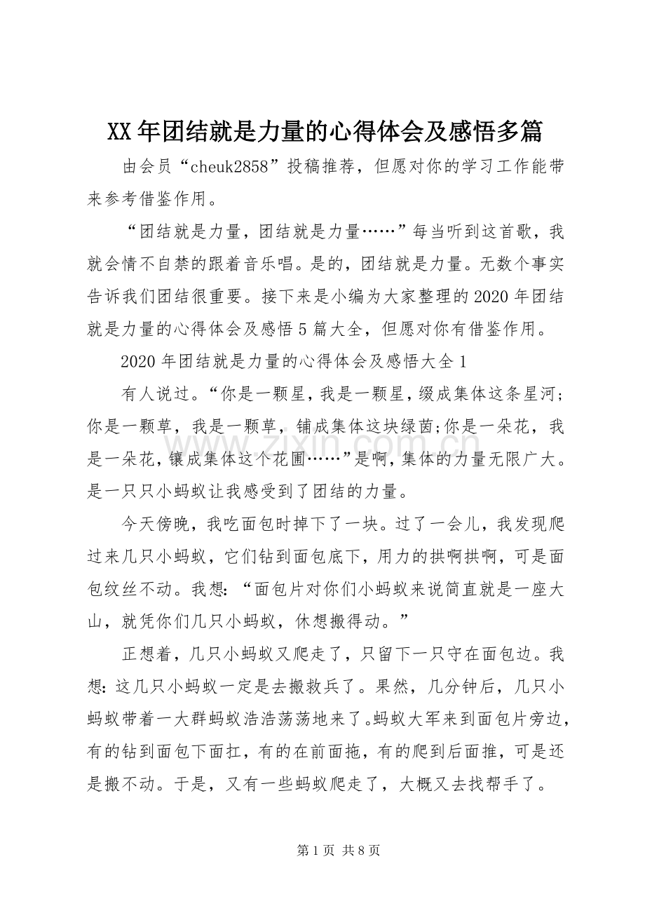 XX年团结就是力量的心得体会及感悟多篇.docx_第1页