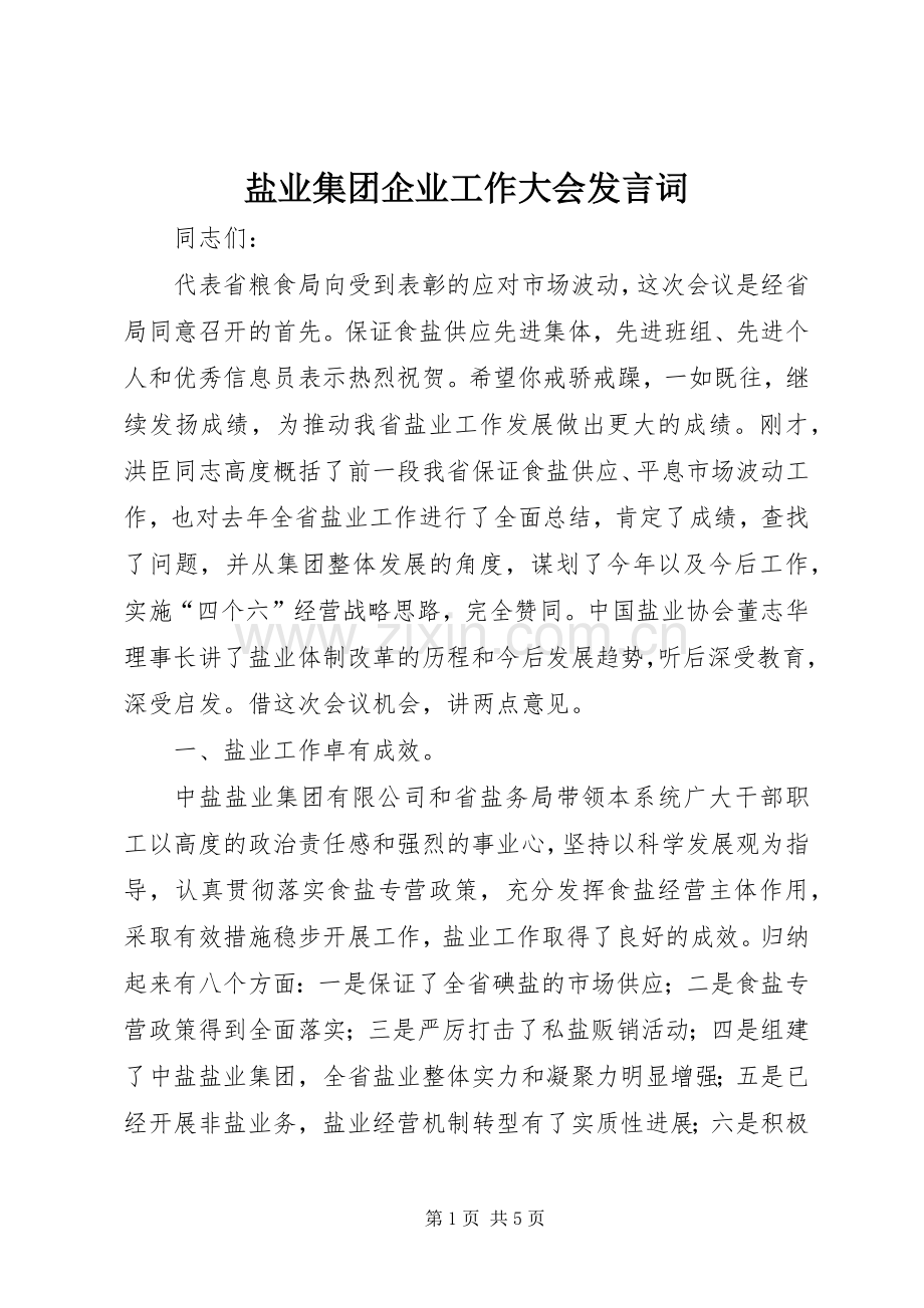 盐业集团企业工作大会发言词.docx_第1页