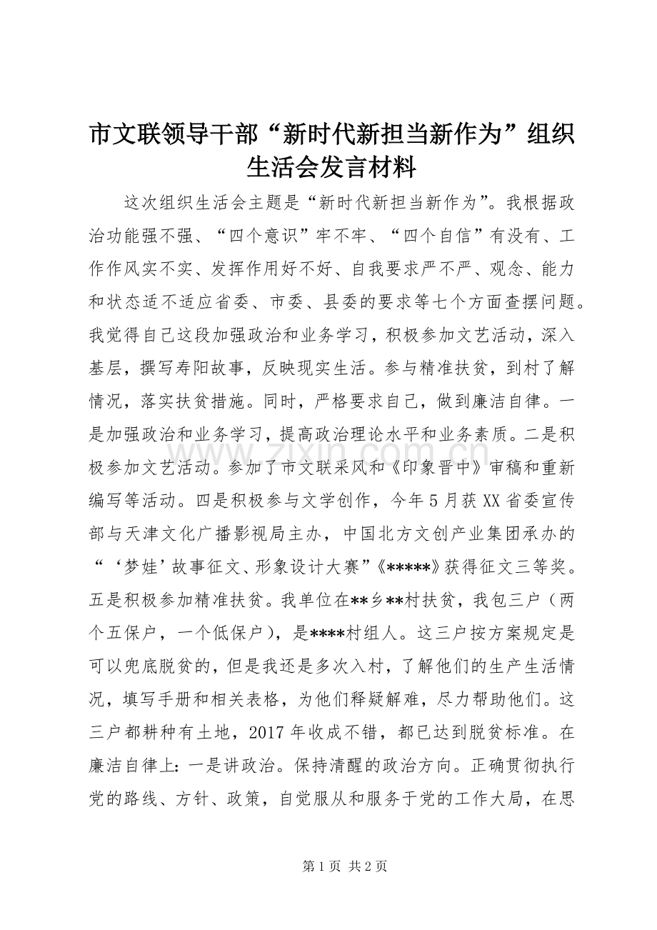 市文联领导干部“新时代新担当新作为”组织生活会发言材料.docx_第1页