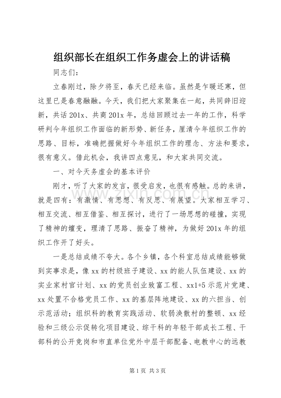 组织部长在组织工作务虚会上的讲话稿.docx_第1页