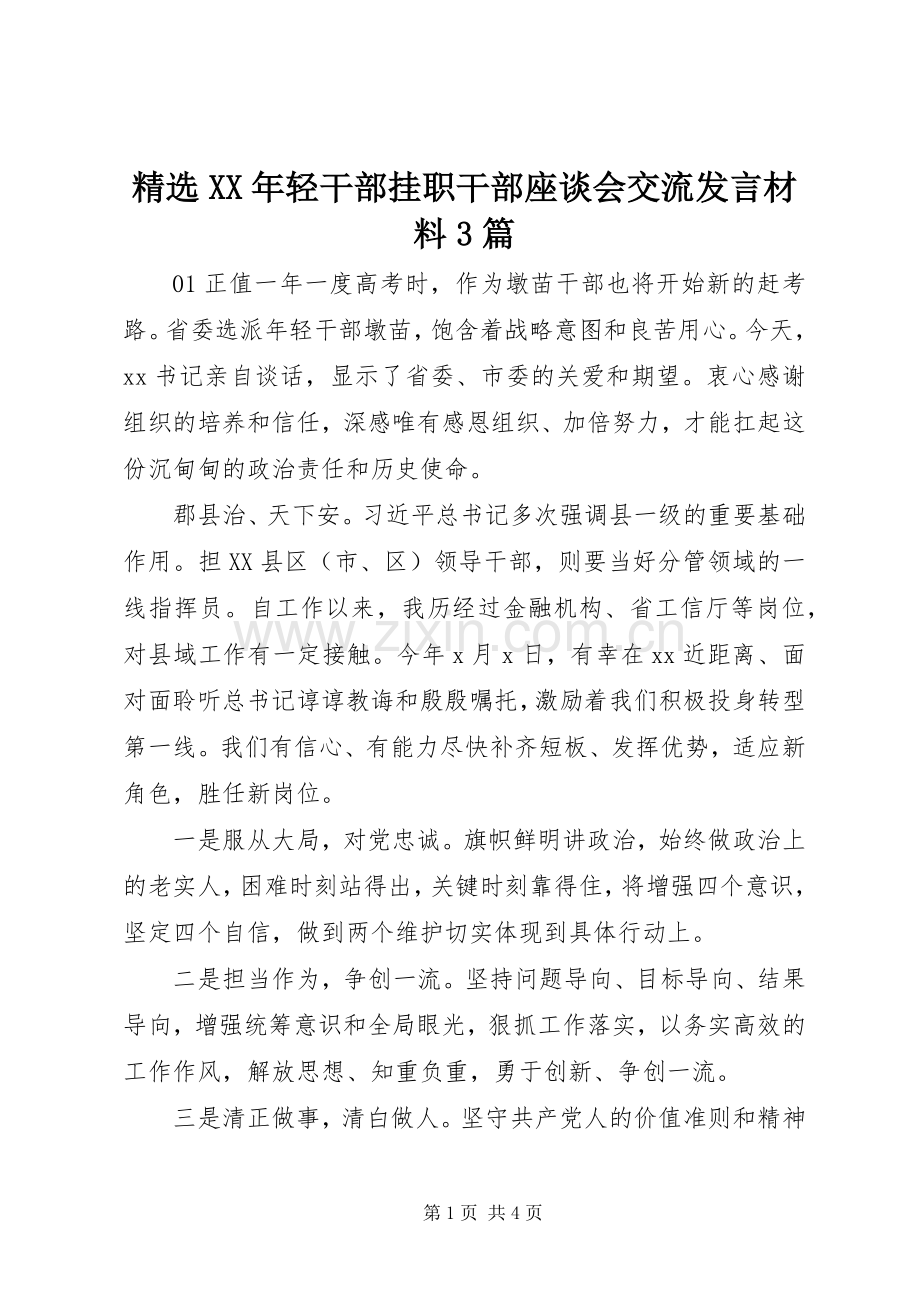 XX年轻干部挂职干部座谈会交流发言材料3篇.docx_第1页