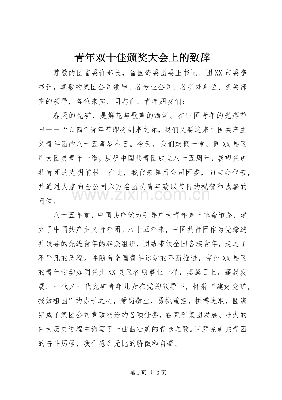 青年双十佳颁奖大会上的致辞.docx_第1页