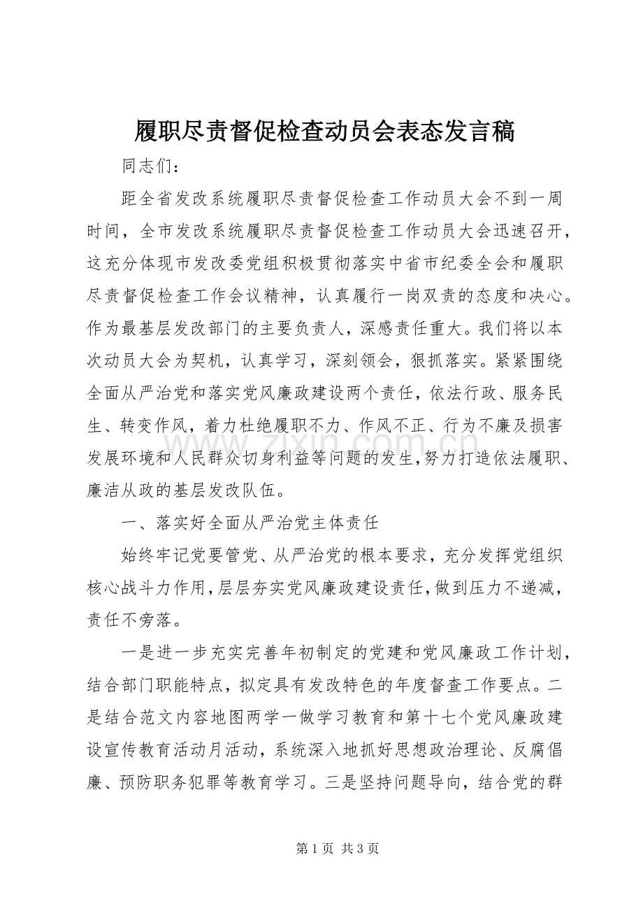 履职尽责督促检查动员会表态发言稿.docx_第1页