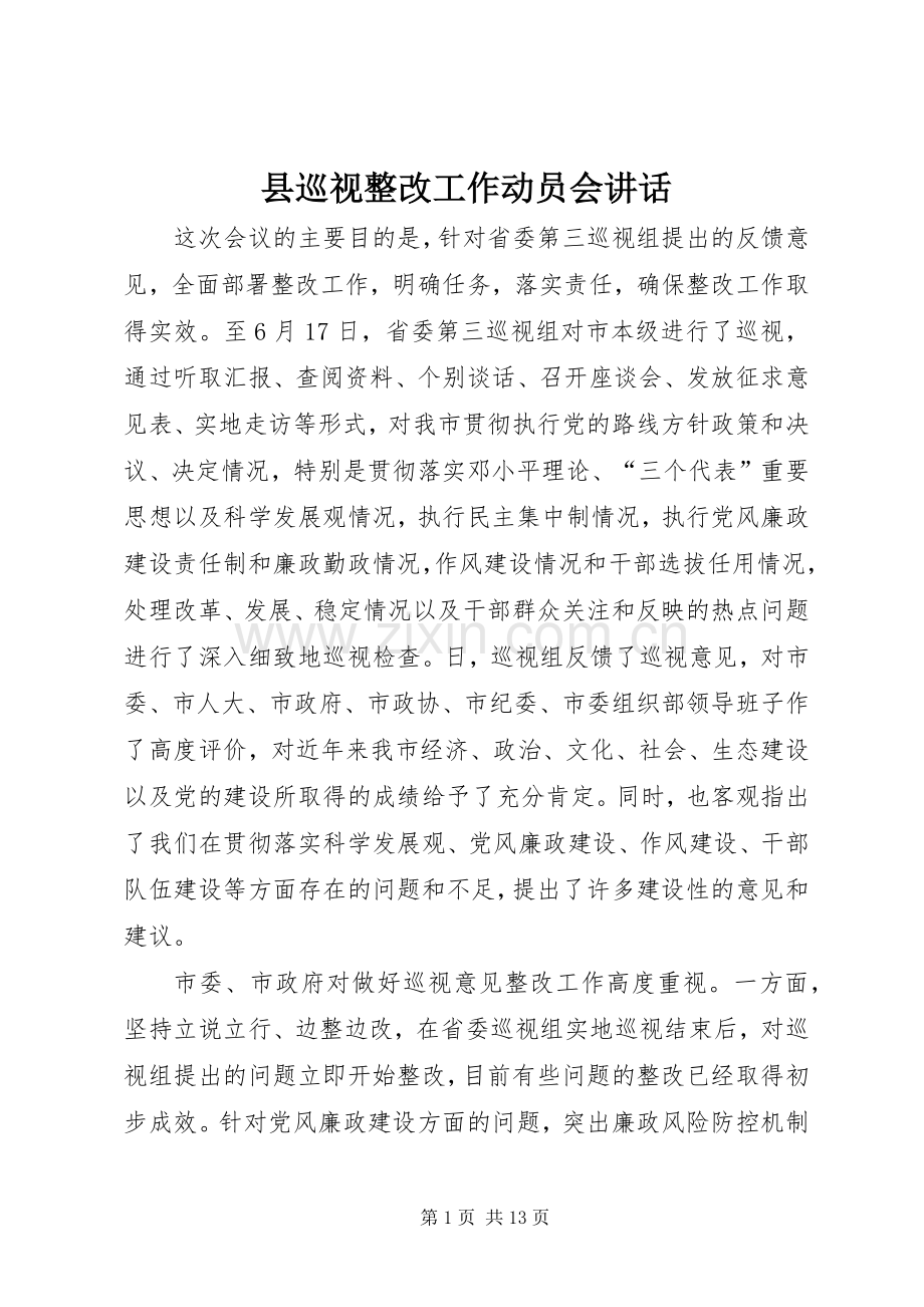 县巡视整改工作动员会讲话.docx_第1页