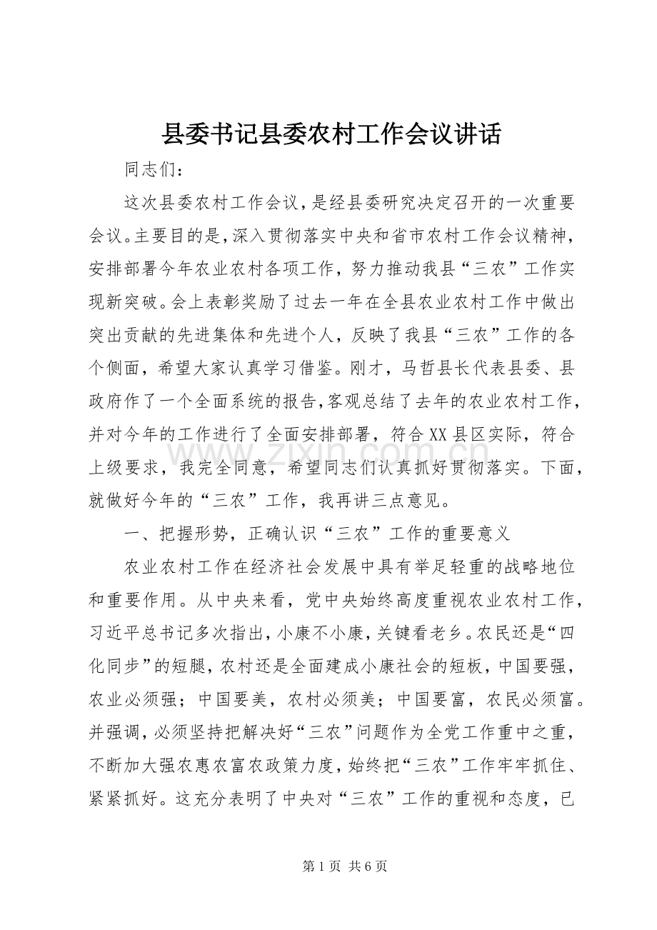 县委书记县委农村工作会议讲话.docx_第1页