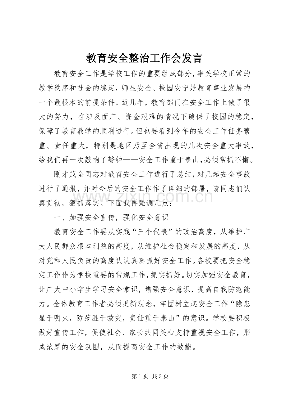 教育安全整治工作会发言.docx_第1页