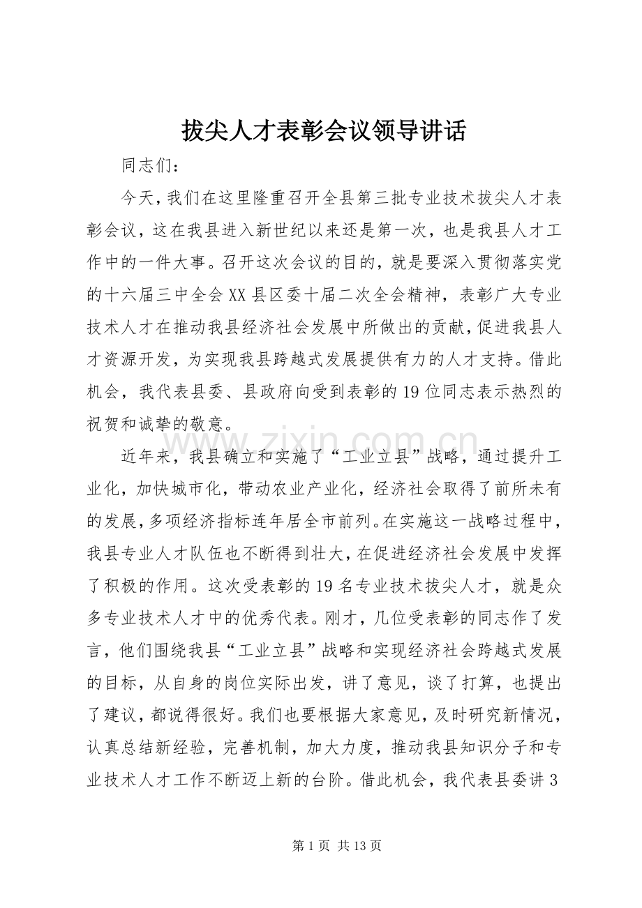 拔尖人才表彰会议领导讲话.docx_第1页