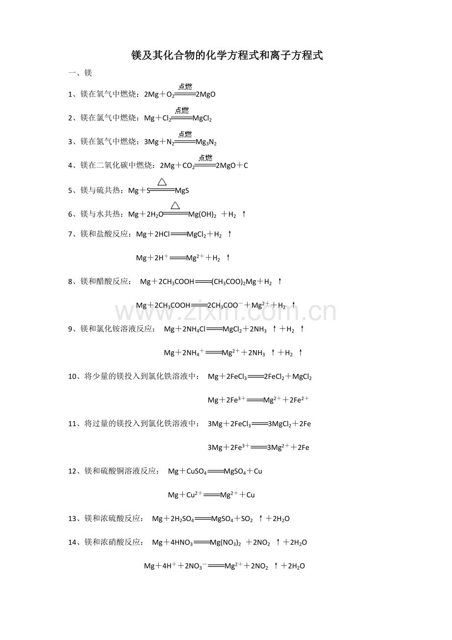 镁及其化合物的化学方程式和离子方程式.doc_第1页