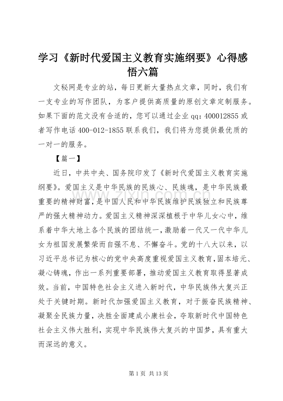 学习《新时代爱国主义教育实施纲要》心得感悟六篇.docx_第1页