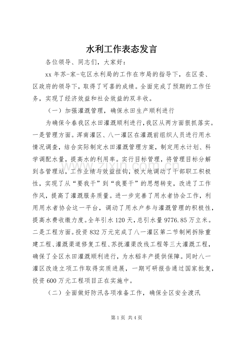 水利工作表态发言.docx_第1页