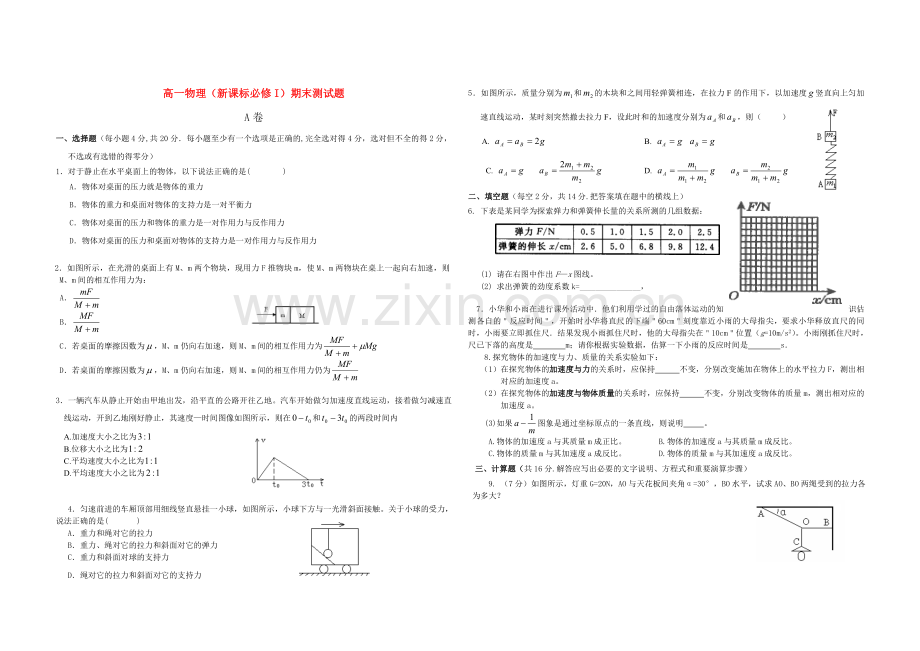 高一物理期末测试题人教版必修1.doc_第1页