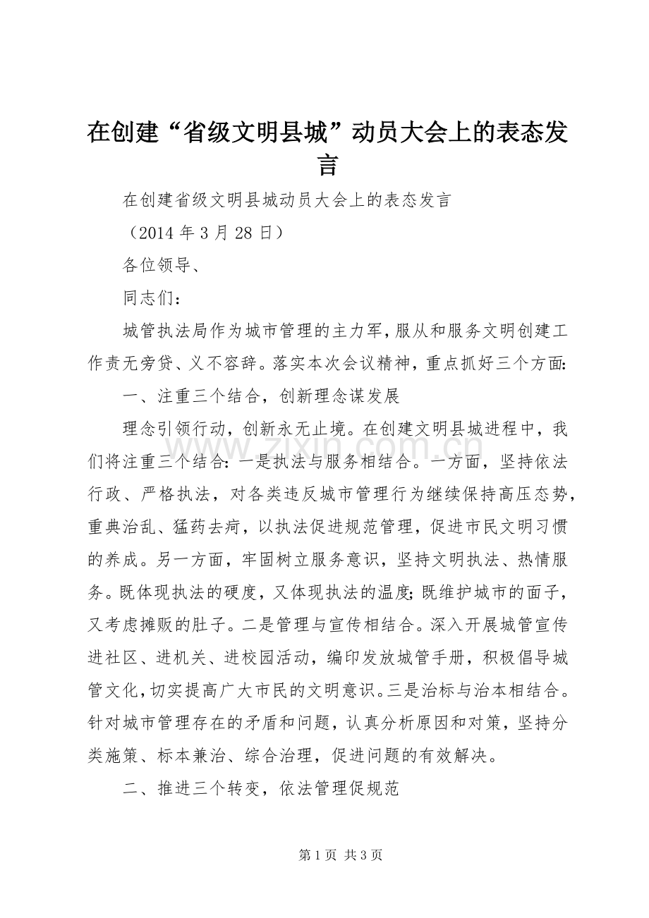 在创建“省级文明县城”动员大会上的表态发言.docx_第1页