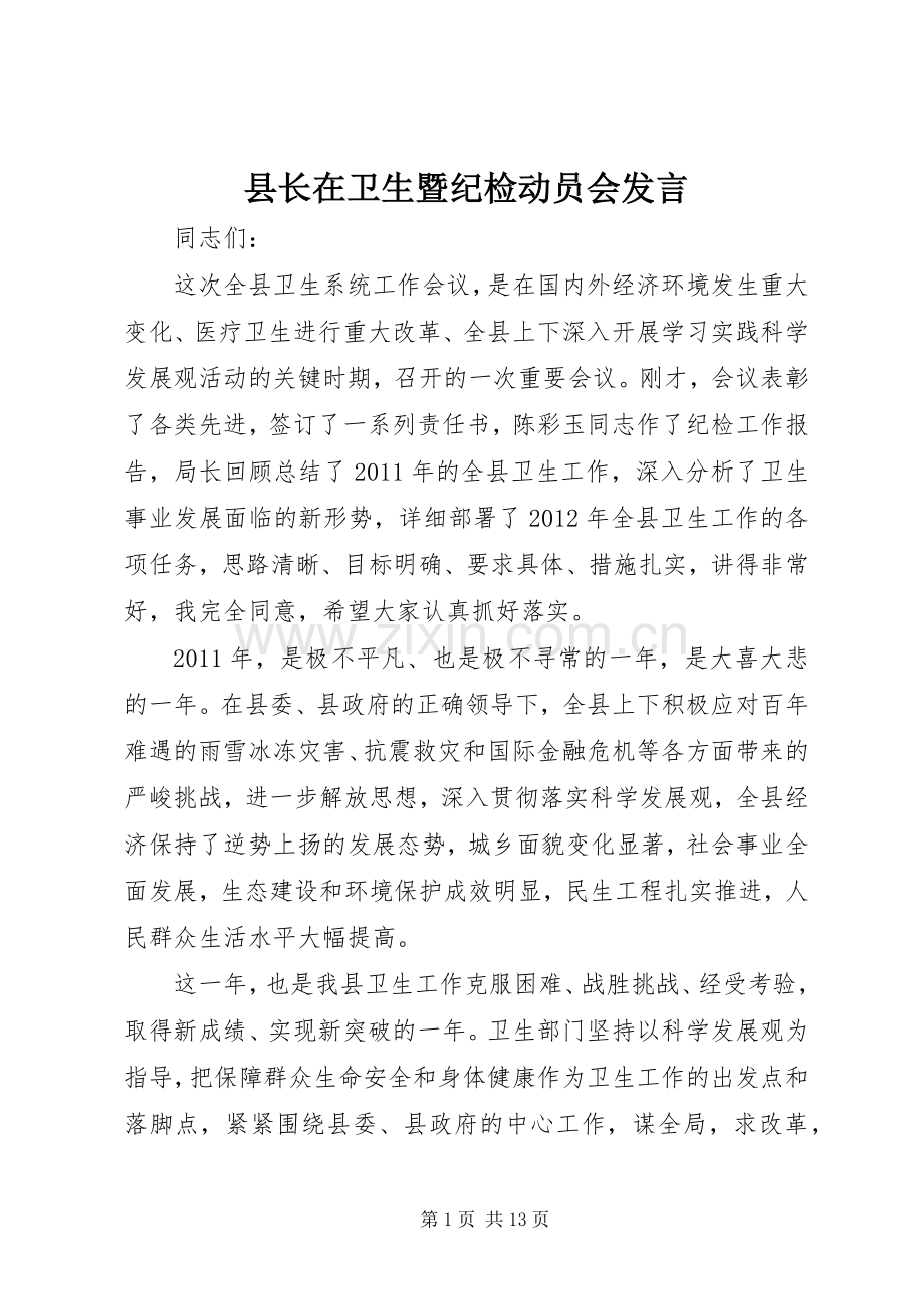 县长在卫生暨纪检动员会发言.docx_第1页