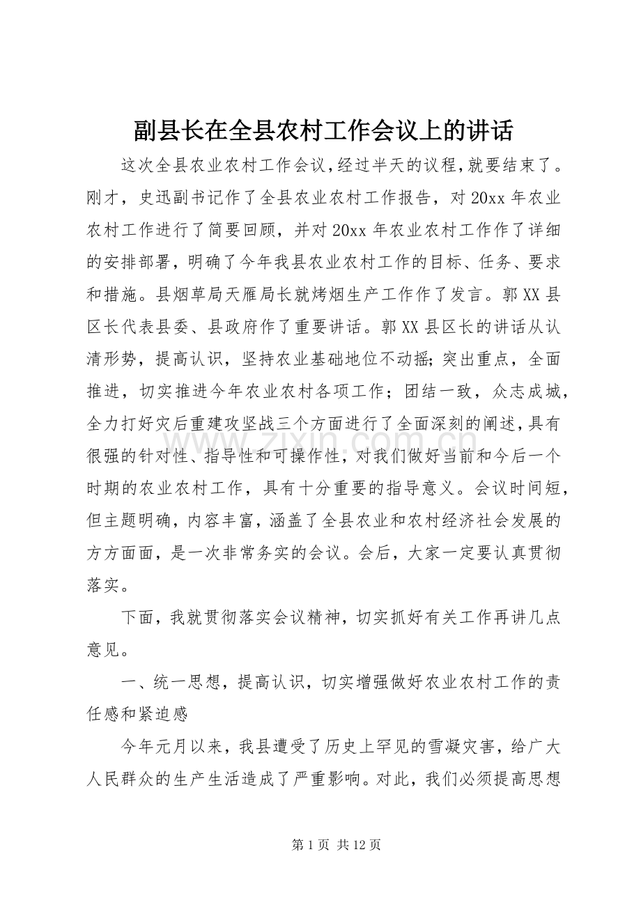 副县长在全县农村工作会议上的讲话.docx_第1页