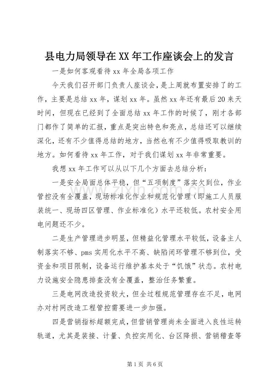 县电力局领导在XX年工作座谈会上的发言.docx_第1页