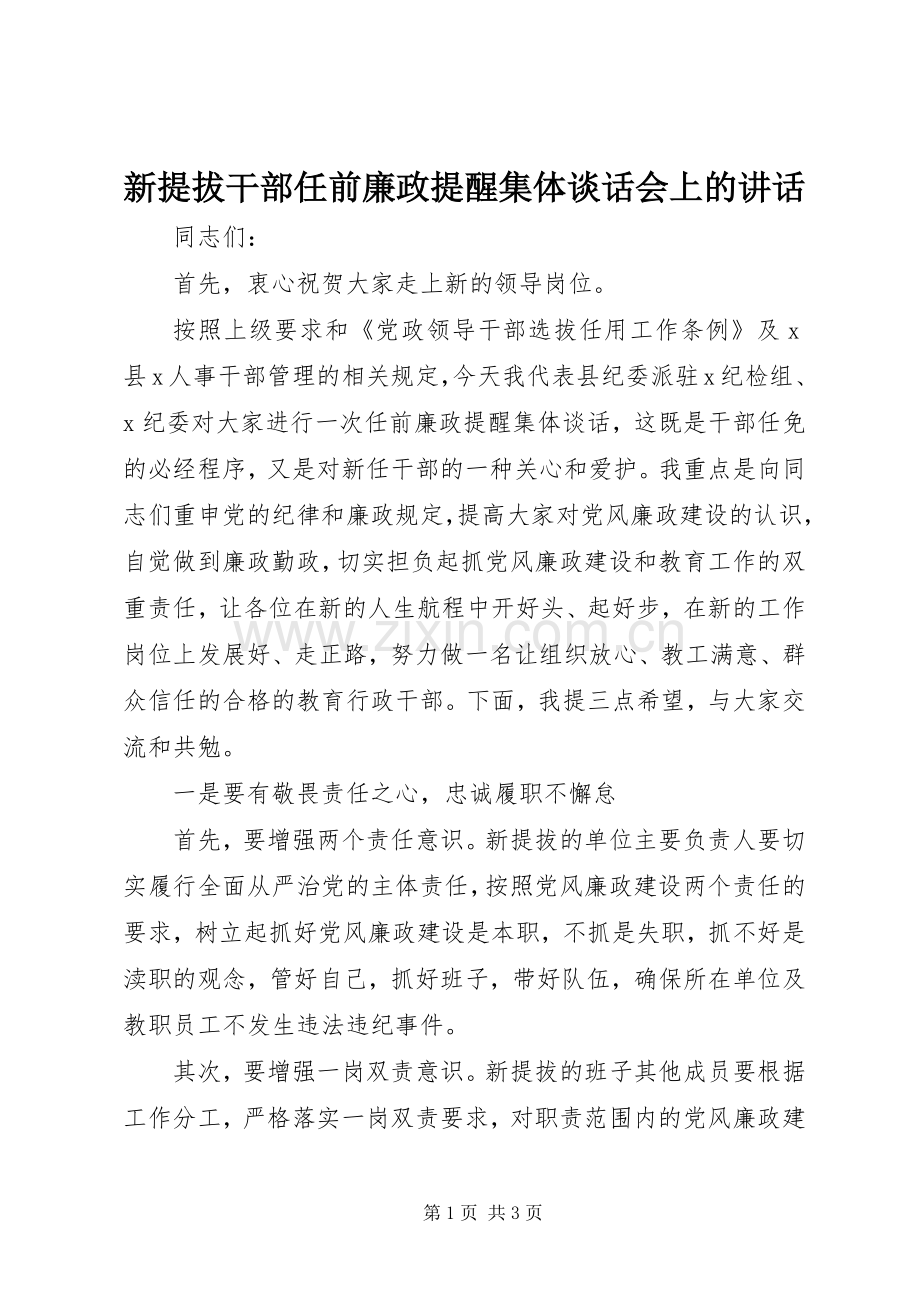 新提拔干部任前廉政提醒集体谈话会上的讲话.docx_第1页