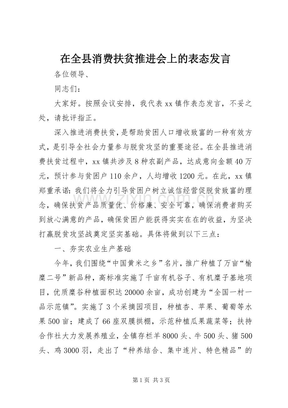 在全县消费扶贫推进会上的表态发言.docx_第1页