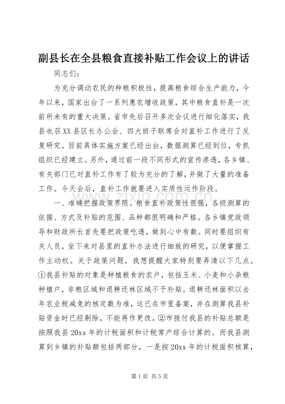 副县长在全县粮食直接补贴工作会议上的讲话.docx_第1页