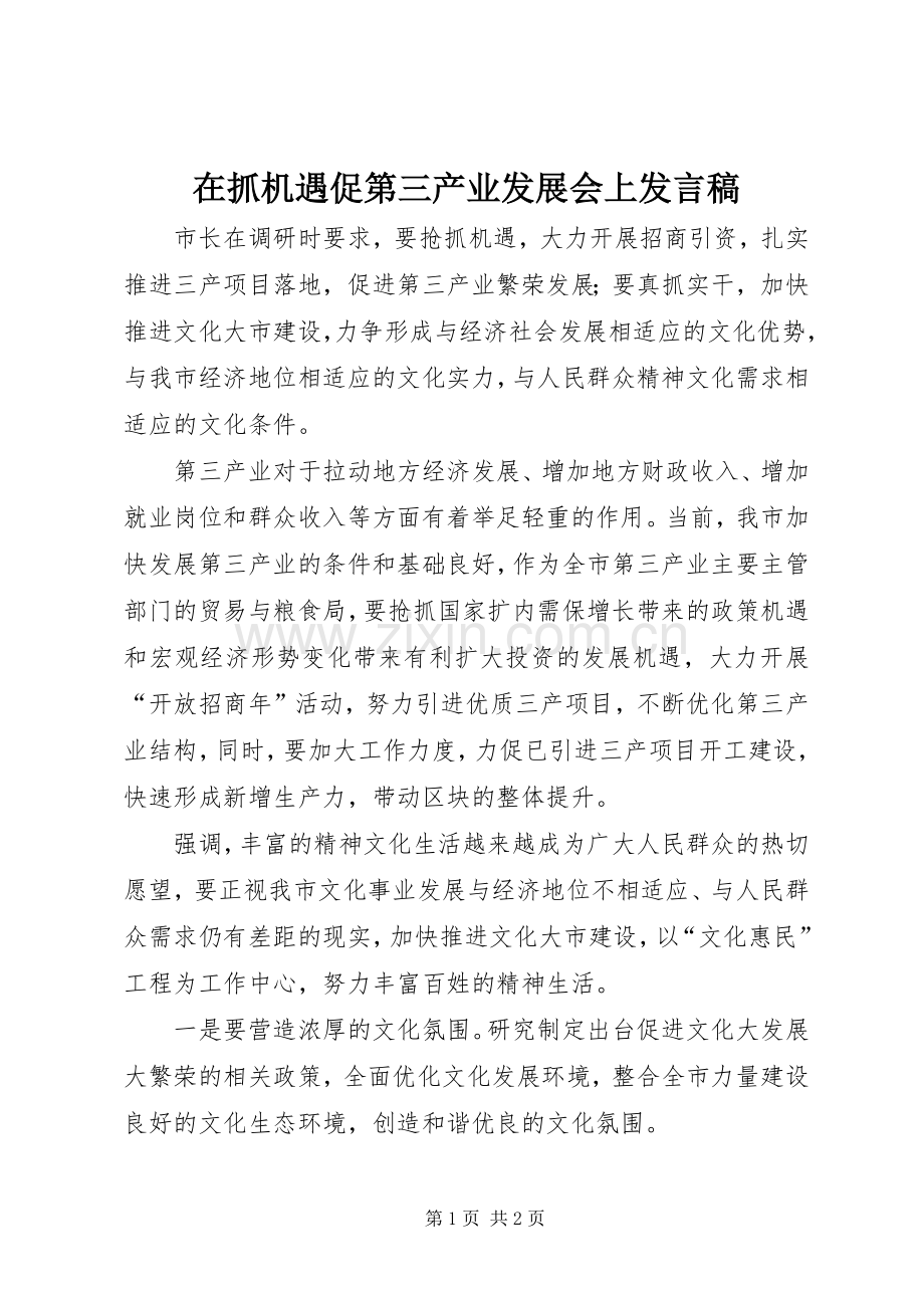 在抓机遇促第三产业发展会上发言稿.docx_第1页