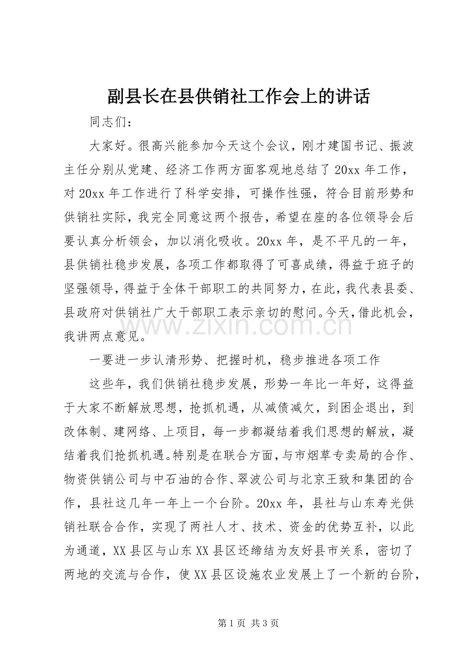 副县长在县供销社工作会上的讲话.docx_第1页