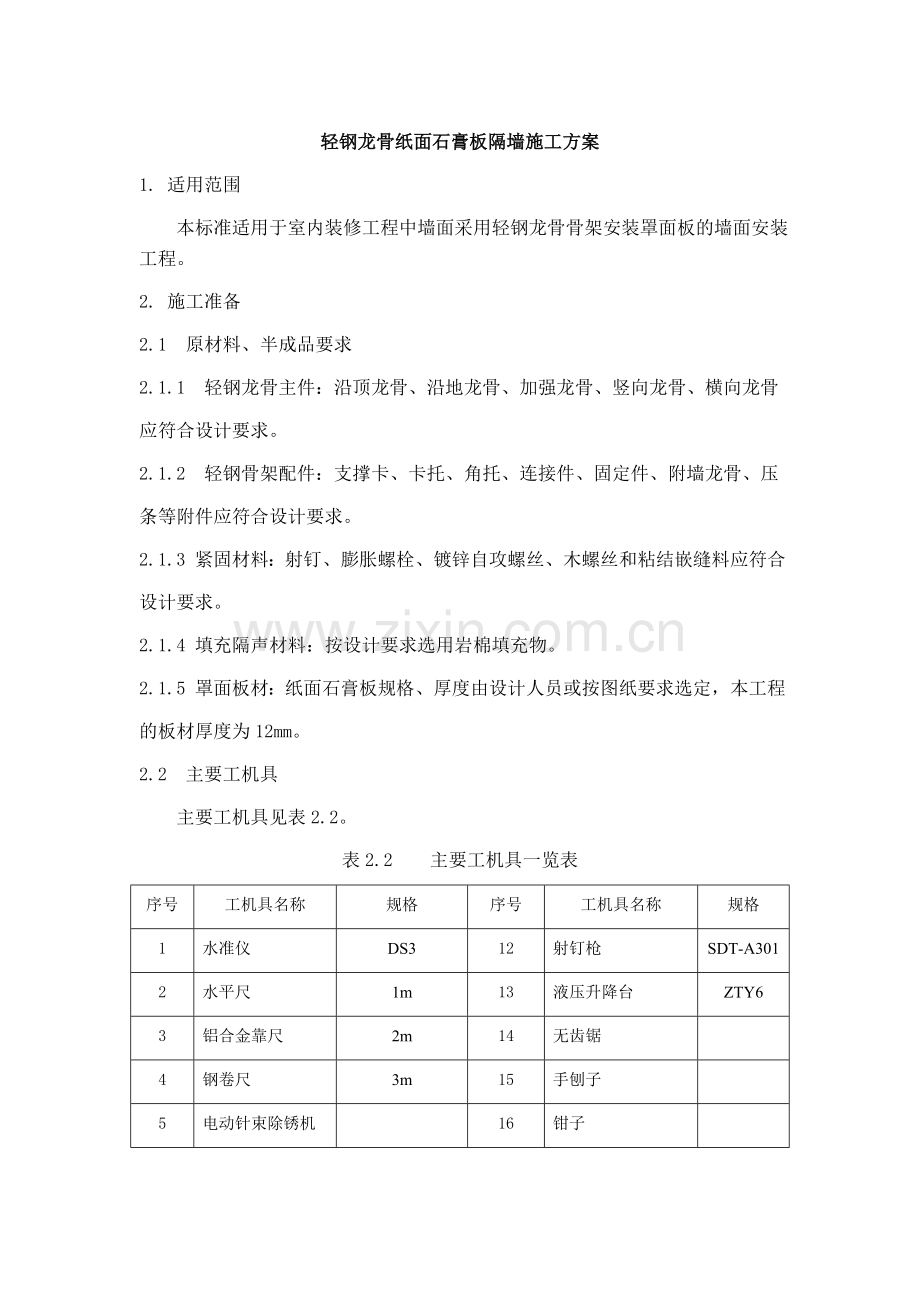 轻钢龙骨纸面石膏板隔墙施工方案.doc_第1页