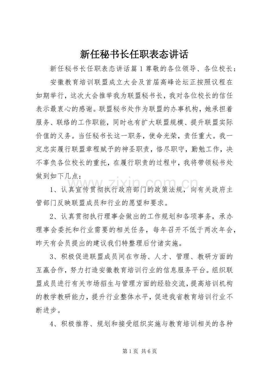 新任秘书长任职表态讲话.docx_第1页