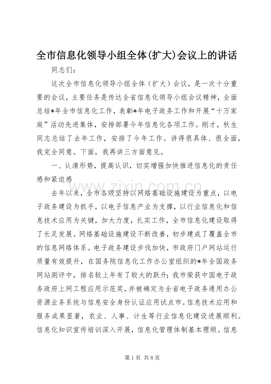 全市信息化领导小组全体(扩大)会议上的讲话.docx_第1页