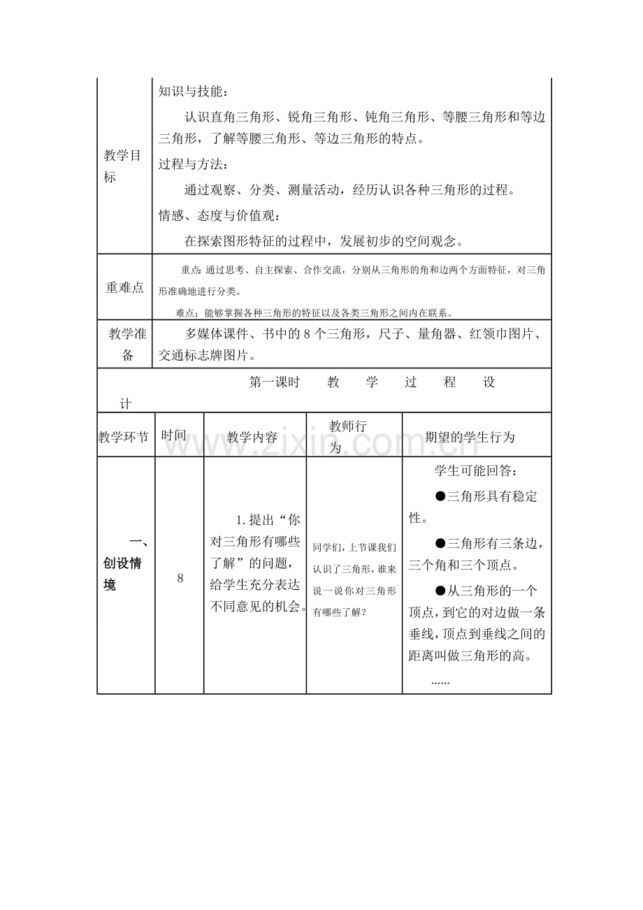 小学数学2011版本小学四年级四年级数学三角形的分类教学设计.docx_第2页