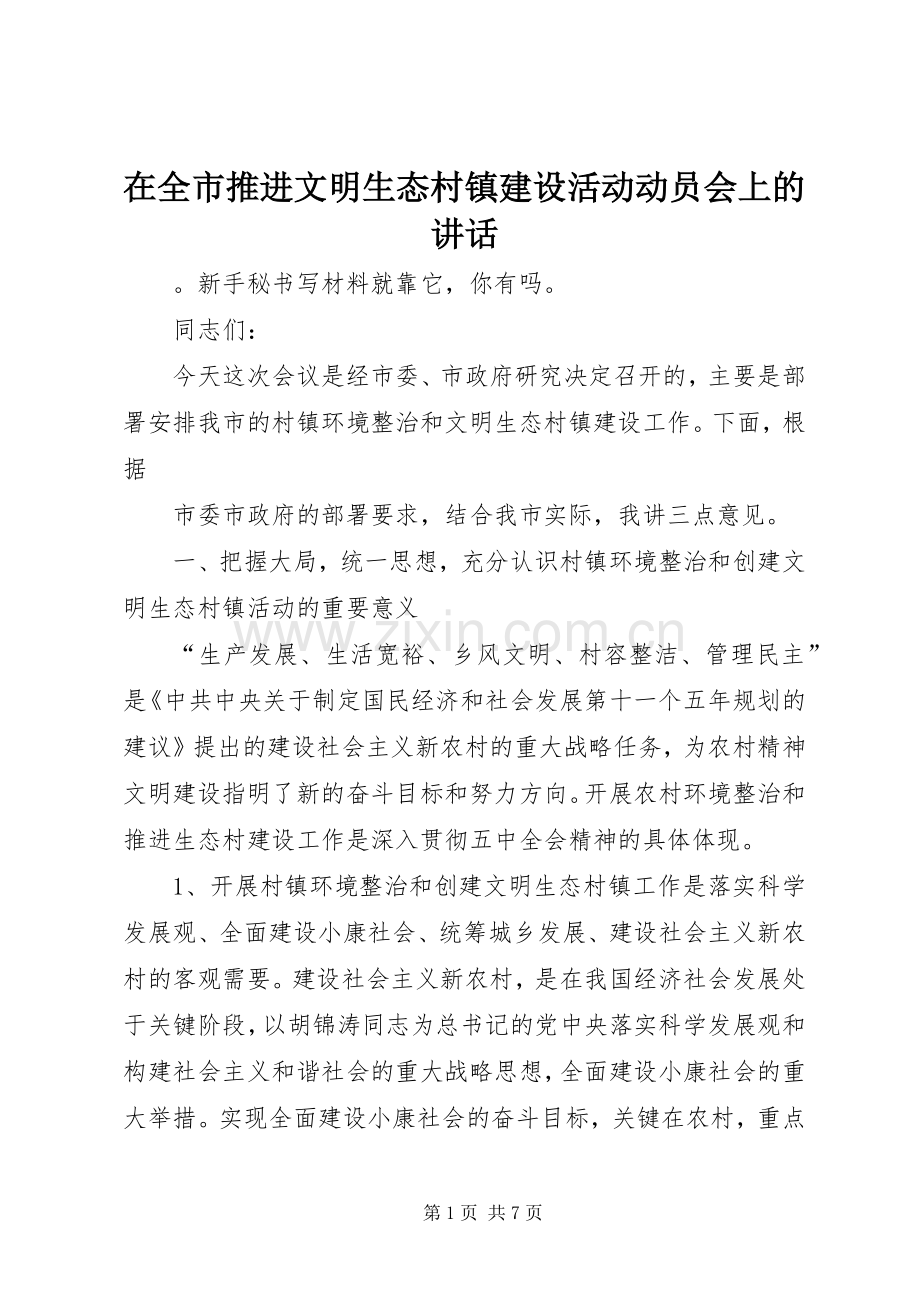 在全市推进文明生态村镇建设活动动员会上的讲话.docx_第1页