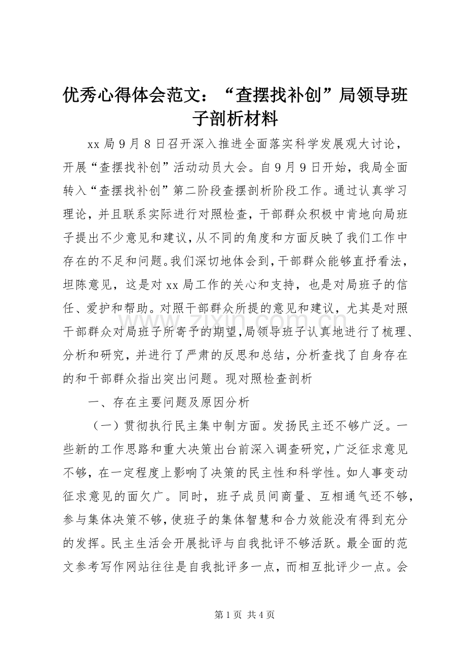 优秀心得体会范文：“查摆找补创”局领导班子剖析材料.docx_第1页