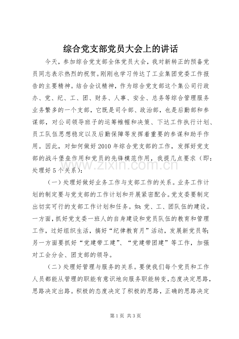 综合党支部党员大会上的讲话.docx_第1页