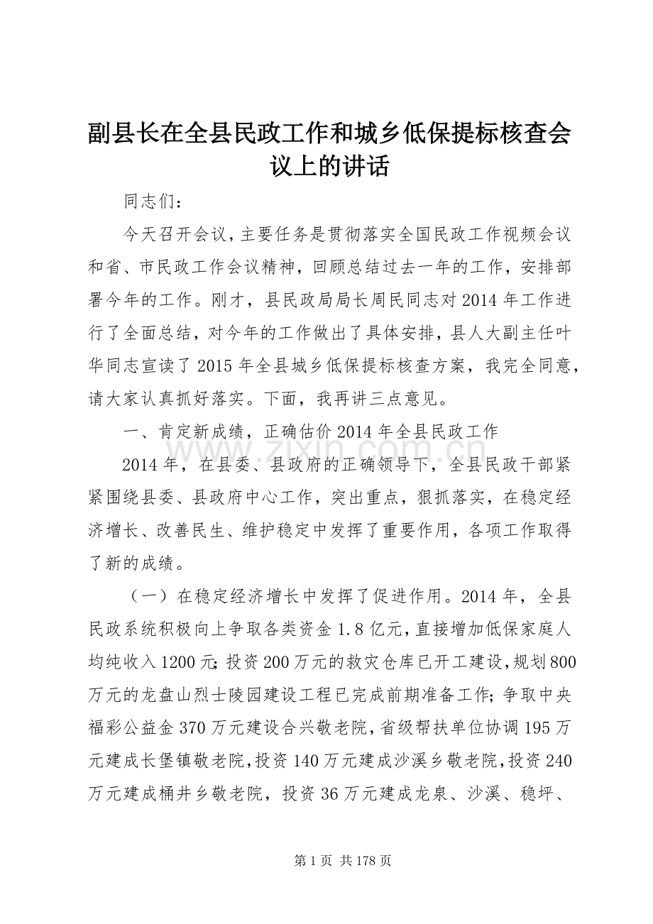 副县长在全县民政工作和城乡低保提标核查会议上的讲话.docx_第1页