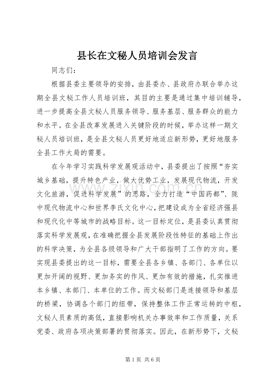 县长在文秘人员培训会发言.docx_第1页