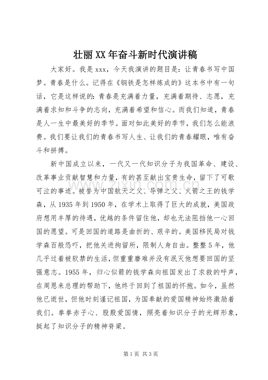 壮丽XX年奋斗新时代演讲稿.docx_第1页