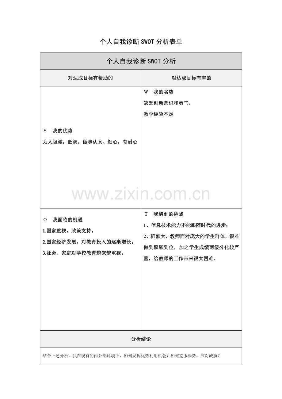 王霞个人自我诊断SWOT分析表.doc_第1页