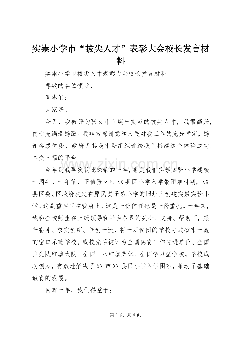 实崇小学市“拔尖人才”表彰大会校长发言材料.docx_第1页