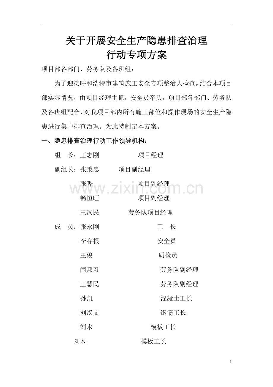 关于开展安全生产隐患排查治理行动专项方案.doc_第1页