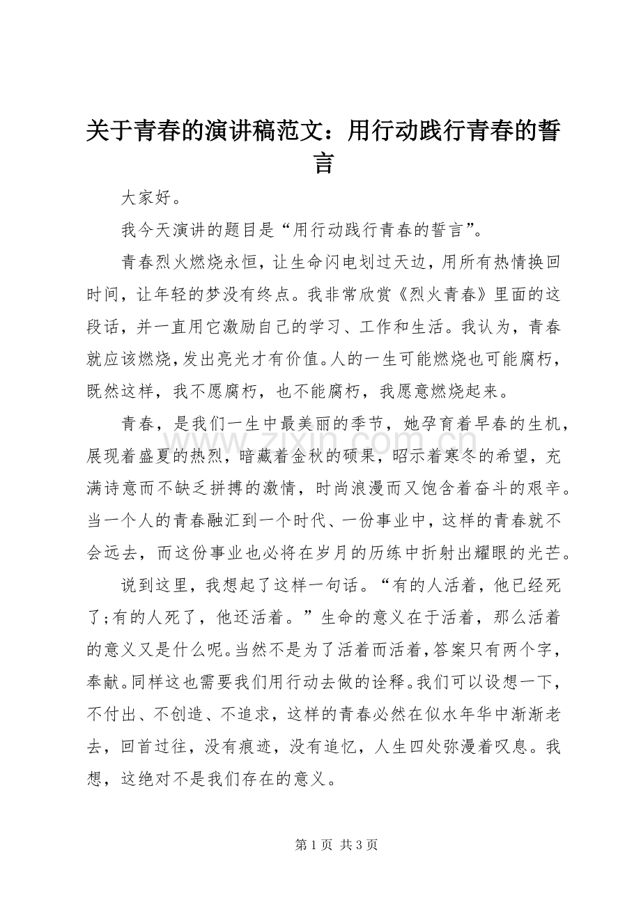 关于青春的演讲稿范文：用行动践行青春的誓言.docx_第1页