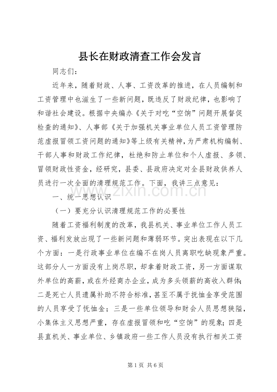 县长在财政清查工作会发言.docx_第1页