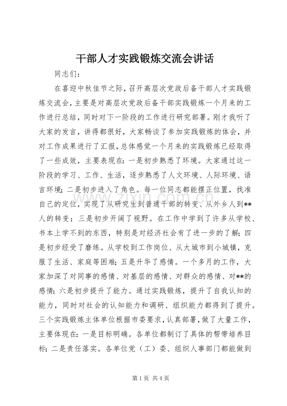 干部人才实践锻炼交流会讲话.docx_第1页