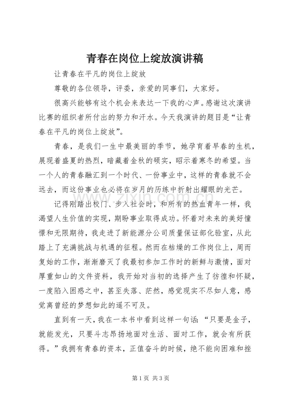 青春在岗位上绽放演讲稿.docx_第1页