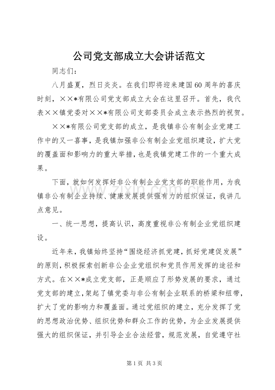 公司党支部成立大会讲话范文.docx_第1页