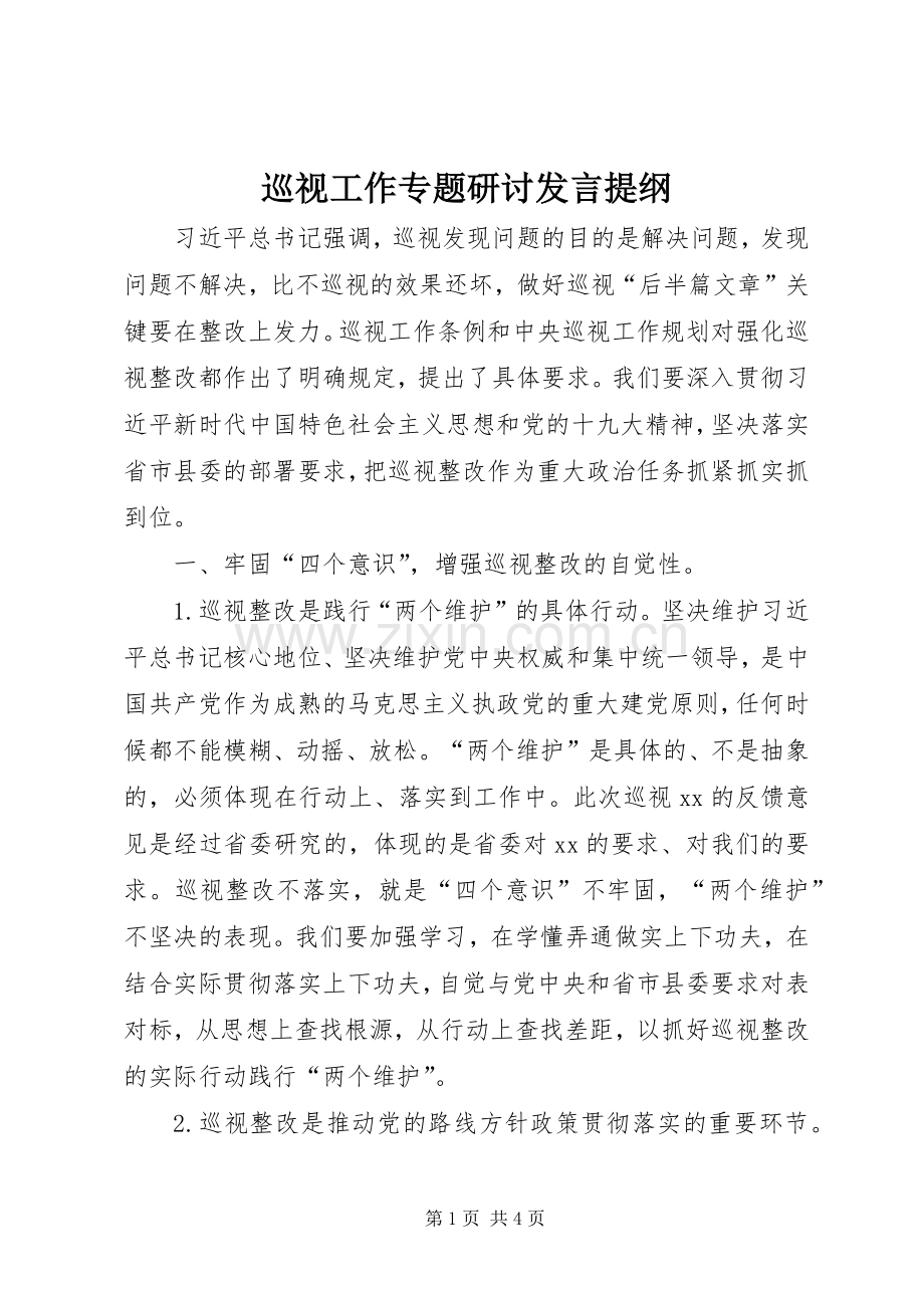 巡视工作专题研讨发言提纲.docx_第1页