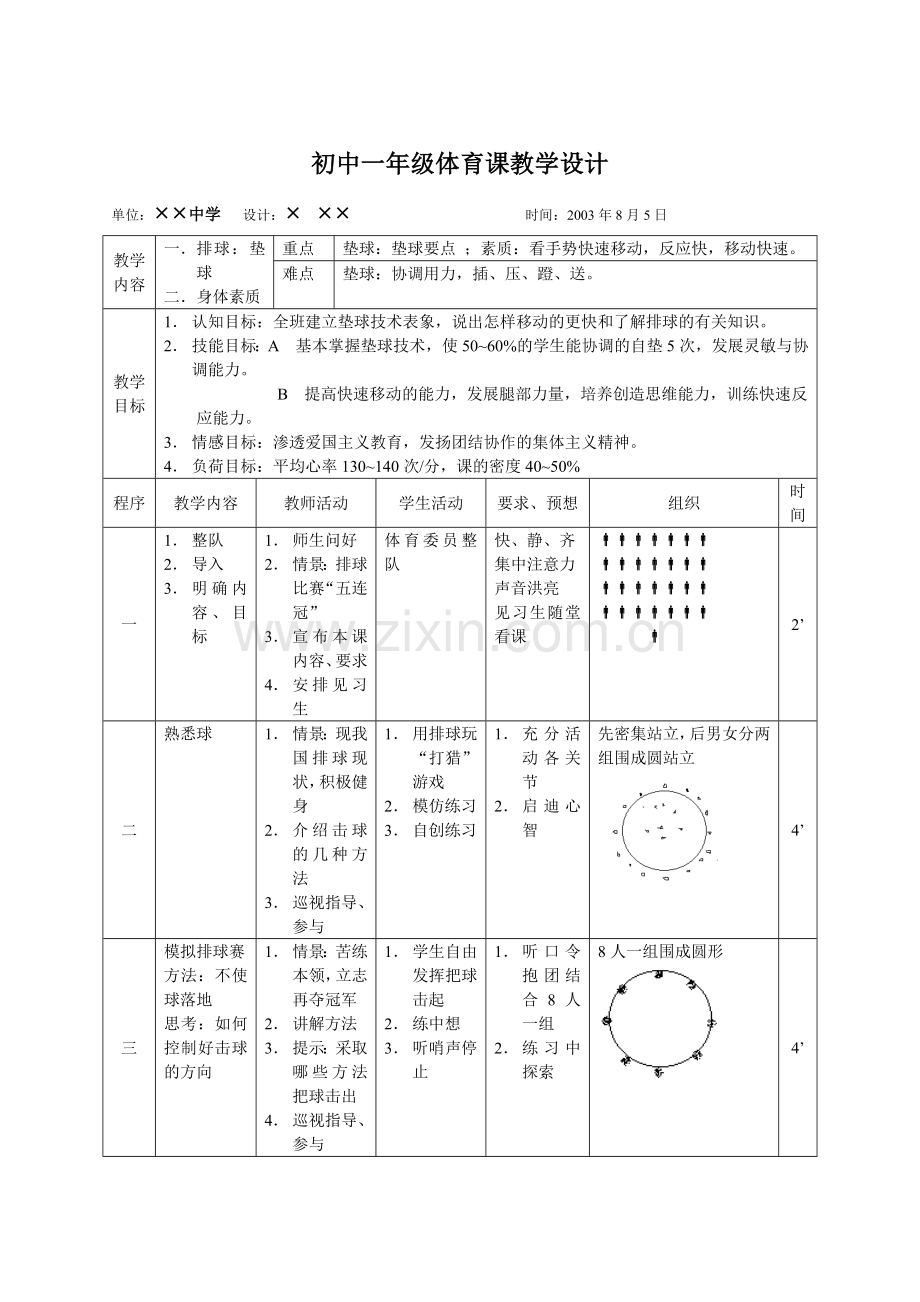 初中一年级体育课教学设计.doc_第1页