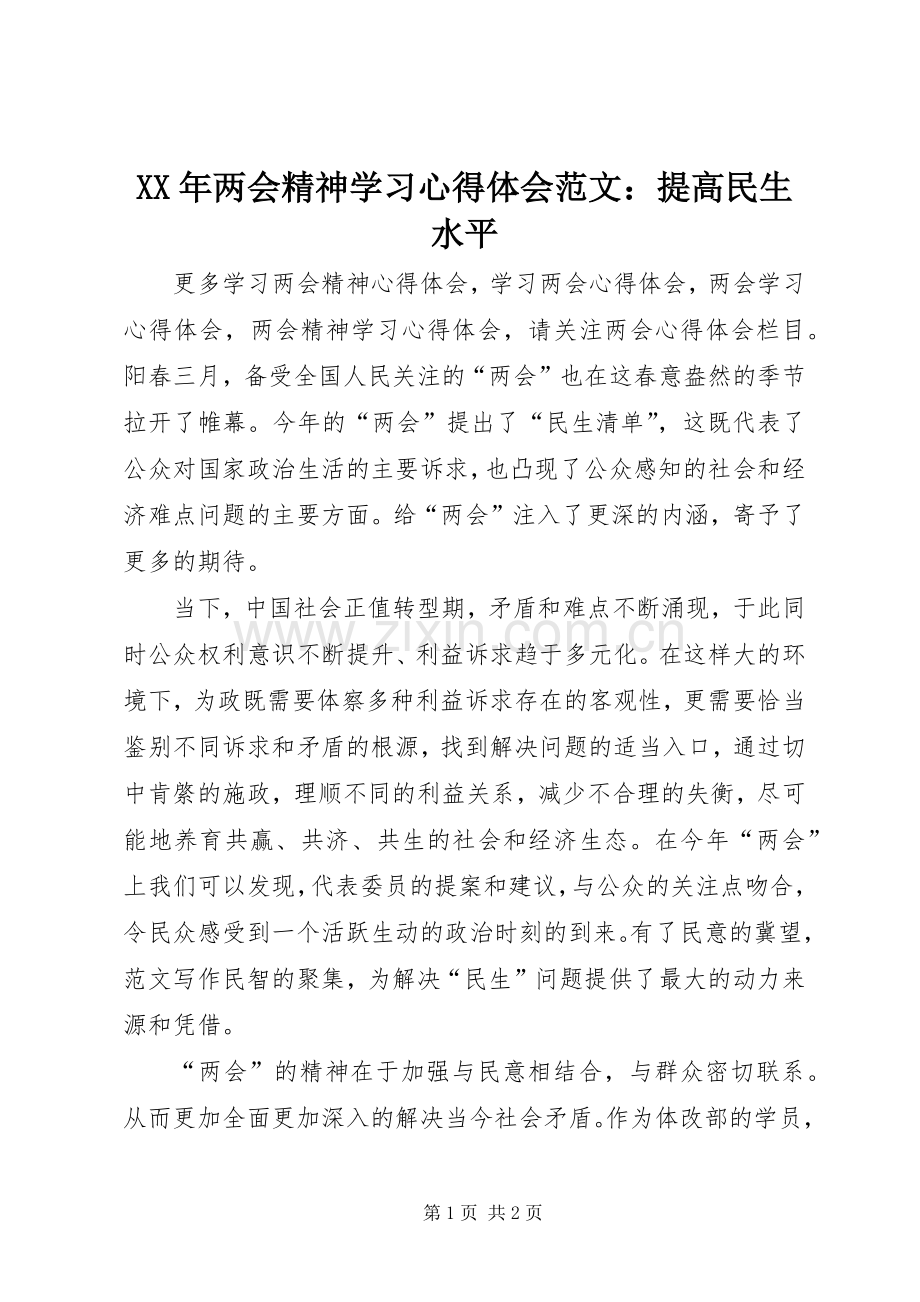 XX年两会精神学习心得体会范文：提高民生水平.docx_第1页