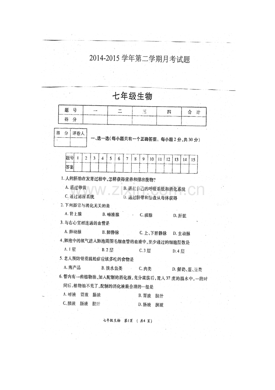 孟津育才学校2014-2015年七年级生物下册第二次月考试题及答案.doc_第1页