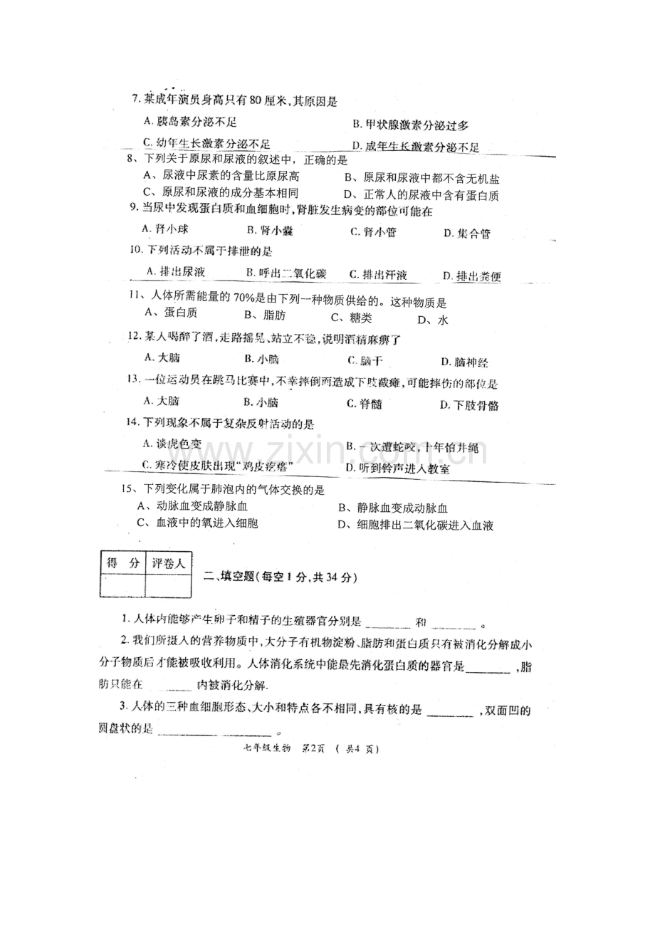 孟津育才学校2014-2015年七年级生物下册第二次月考试题及答案.doc_第2页