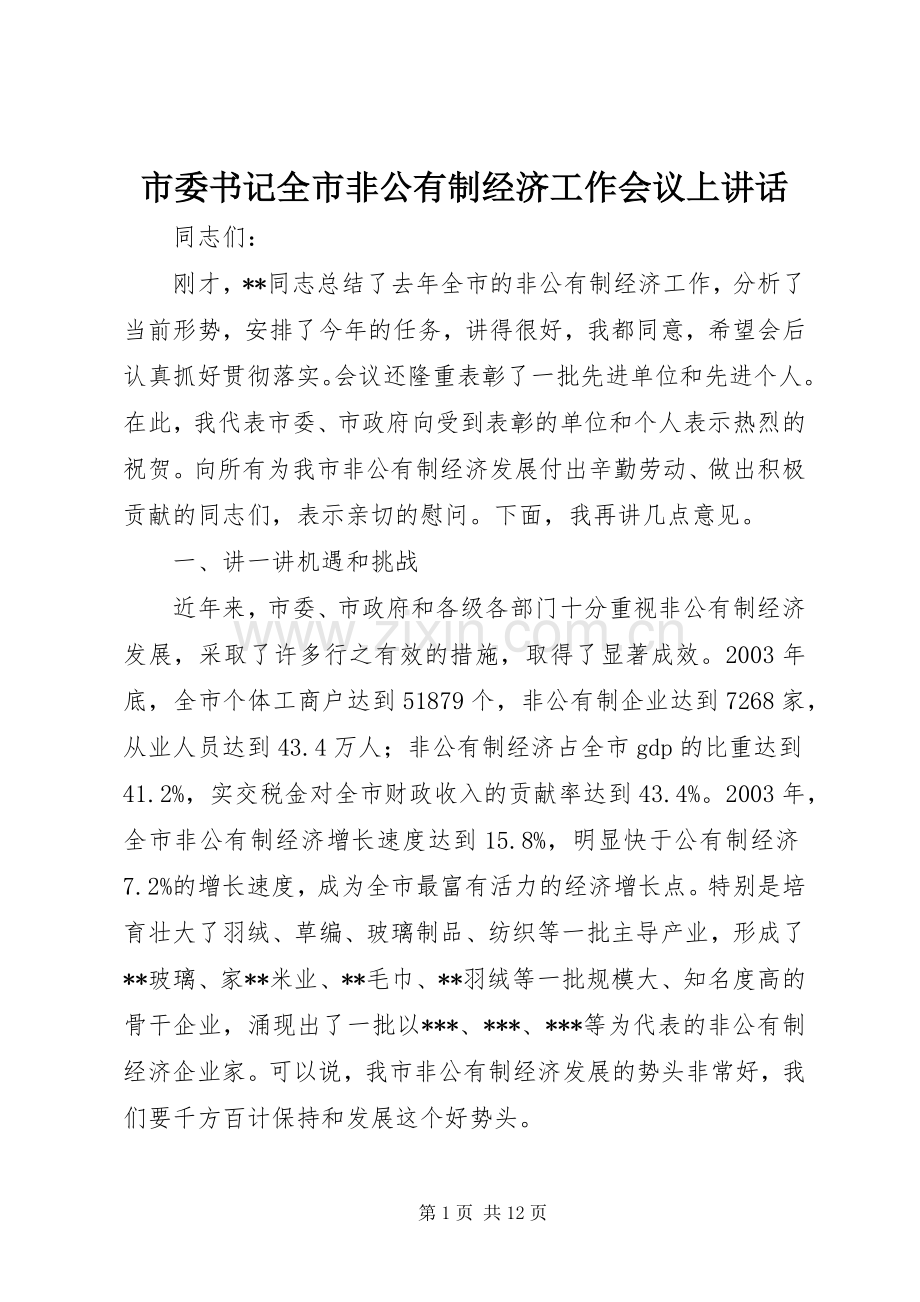 市委书记全市非公有制经济工作会议上讲话.docx_第1页